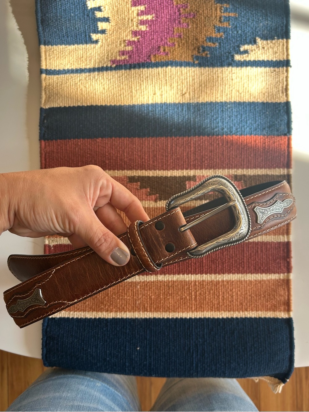 Tony Lama Brown Leather Western Belt with Tooled Silver Buckle